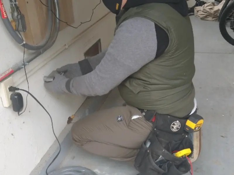 Electrician performing outlet wiring in a Daphne garage